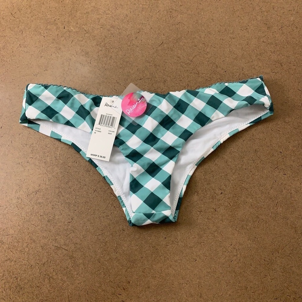 Raisins Womens Chasing Waterfalls Bikini Swim Bottom Olive Gingham Stretch M New